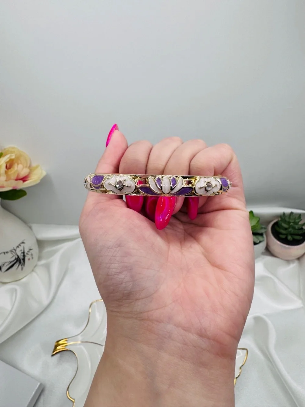 Gold Tone Purple Lotus Flower Enamel Hinged Bangle Bracelet Boho Floral